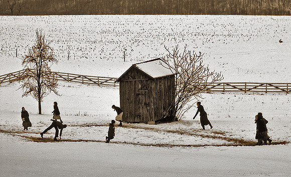 Amish Playing Kickball